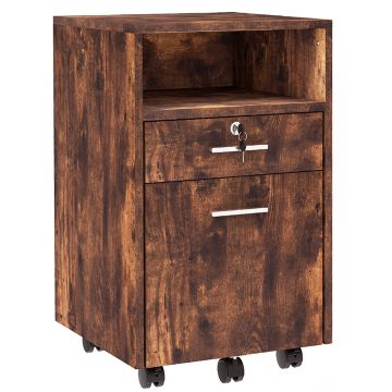 Vinsetto Comodă de Birou cu 2 Sertare și Raft Deschis, Mobilier cu 5 Rotile, Încuietoare și 2 Chei, 39x40x65 cm, Maro | Aosom Romania