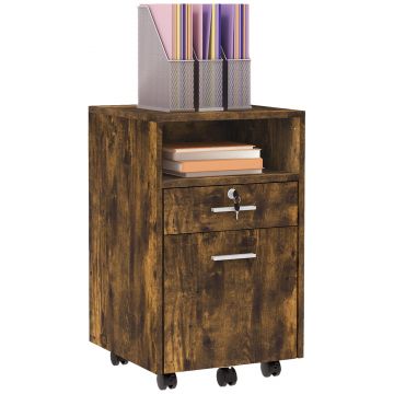 Vinsetto Comodă de Birou cu 2 Sertare și Raft Deschis, Mobilier cu 5 Rotile, Încuietoare și 2 Chei, 39x40x65 cm, Maro | Aosom Romania