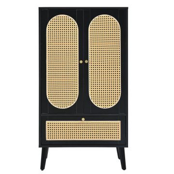 Comodă compactă, design din ratan, 2 uși, 1 sertar, 60×40×110,5 cm, Negru