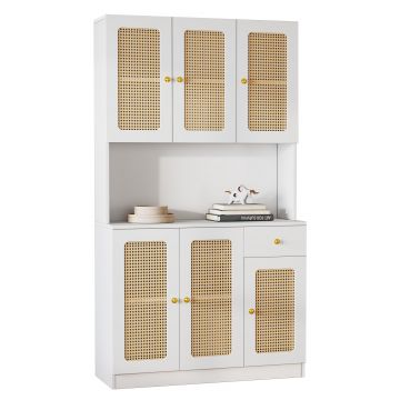 Comoda înaltă din ratan cu 6 uși și sertar central deschis, ideală pentru living și hol, Comoda modernă pentru living, albă