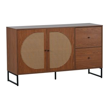 Comodă Modernă cu 2 Uși Decorate în Rattan și 2 Sertare, Mânere din Metal, Multiutilizare pentru Living, Bucătărie și Birou, 130x40x75 cm, Culoare nuc