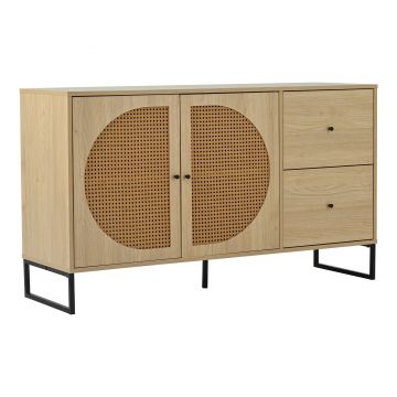 Comodă Modernă cu 2 Uși Decorate în Rattan și 2 Sertare, Multiuso pentru Living, Bucătărie și Birou, 130x40x75 cm, Culoare naturală