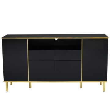 Comodă Modernă Elegantă Lucioasă cu 2 Sertare și 4 Uși, Structură cu LED și Detalii Aurii, 150x40x80 cm pentru Living și Bucătărie, Negru