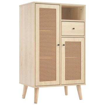 Comodă Modernă în Stil cu 2 Uși din Rattan și 1 Sertar, Spațiu Generos de Depozitare, 60x40x101 cm, pentru Bucătărie sau Living, Culoare naturală