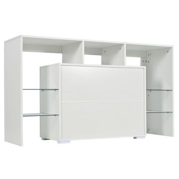 Comodă Modernă Luminoasă cu LED, 4 Rafturi din Sticlă și 2 Uși din Lemn, 140x40x80 cm pentru Living, Albă