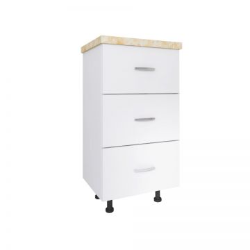 Corp Baza Bucatarie cu 3 sertare, L60cm x H90cm x A50cm, Culoare Alb, Pal 18mm, Blat Termorezistent 2.8cm