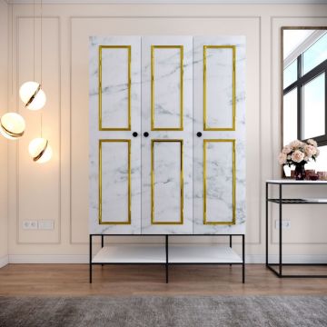 Dulap haine Model Martin, Alb marmorat/Negru/Auriu, 126x50x200 cm