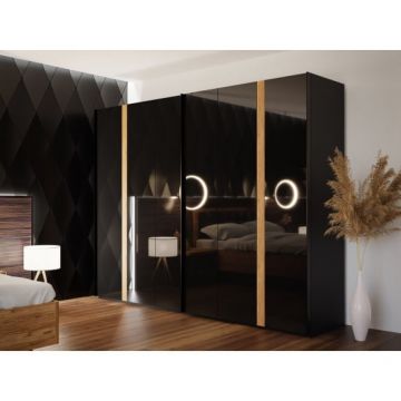 Dulap Tuberoze Cu 2 Usi Culisante, Negru Si Stejar Catania Si Negru super lucios, 269.9 Cm