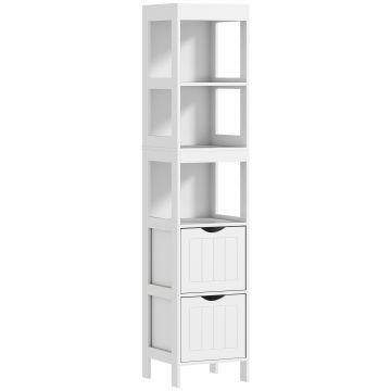 HOMCOM Mobilier de Baie cu 3 Rafturi Deschise și 2 Sertare, 30x30x141.2 cm, Alb | Aosom Romania HOMCOM Mobilier de Baie cu 3 Rafturi Deschise și 2 Sertare, 30x30x141.2 cm, Alb | Aosom Romania