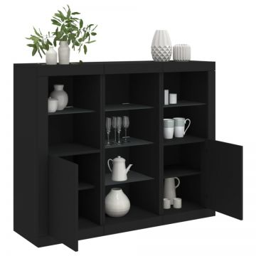 Servantă cu lumini LED, 3 buc., negru, lemn prelucrat