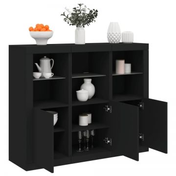 Servantă cu lumini LED, 3 buc., negru, lemn prelucrat
