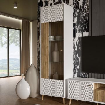 Vitrina Inalta Ankona Cu 1 Usa, Alb Si Stejar Mauvella, 59.8 Cm