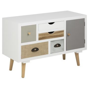 Cabinet din MDF si lemn, cu 5 sertare si 1 usa Thais Multicolor, l81xA34xH55 cm