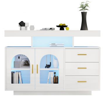 Comodă cu LED, Dulap pentru Cafea și Comodă cu Sertare, Luminos cu 16 Culori, pentru Living și Sala de Mese, 120x40x80 cm, Alb