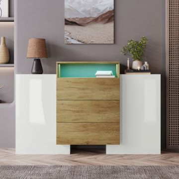 Comodă Modernă cu LED Multicolor, Alb+Culoare naturală | Aosom Romania