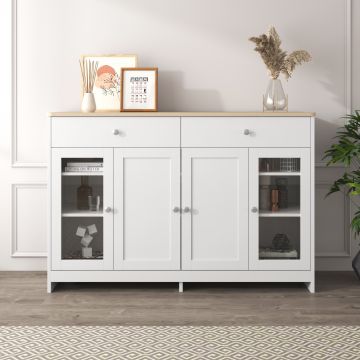 Comodă modernă cu suprafață din lemn, Alb+Culoare naturală | Aosom Romania