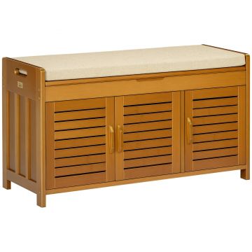 HOMCOM Banc pentru pantofi mobilier pentru pantofi din bambus cu pernă de șezut, 3 uși și compartiment ascuns, maro | Aosom Romania
