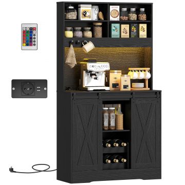 HOMCOM Bufet de Bucătărie cu Suport pentru Sticle, Priză și Iluminare LED, Negru | Aosom Romania