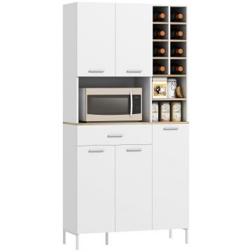 HOMCOM Dulap de bucătărie cu rafturi deschise, rafturi, raft pentru vin, dulap de provizii cu 5 uși, MDF, Alb | Aosom Romania
