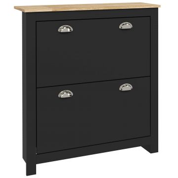 HOMCOM Dulap pantofi 2 uși rabatabile 2 compartimente mânere cochilie metal 79 x 23 x 90,5 cm negru stejar | Aosom Romania