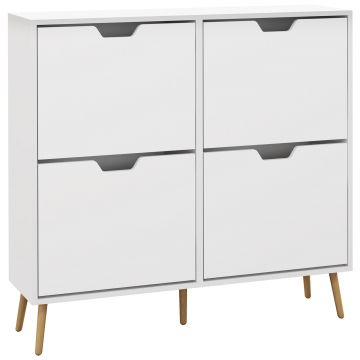 HOMCOM, Dulap pantofi, 4 clapete, 16 perechi, cu raft reglabil, picioare din lemn de pin, 95 x 26 x 95 cm, alb | Aosom Romania