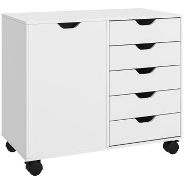 HOMCOM Mobila de depozitare pentru birou 5 sertare 1 usa raft ajustabil, suport imprimanta cu rotile, 78x40x66,5 cm, alb | Aosom Romania