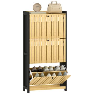 HOMCOM Mobila pentru pantofi 18 perechi cu 3 sertare rabatabile, uși din bambus cu lamele, 60x24x118cm, negru și lemn natural | Aosom Romania