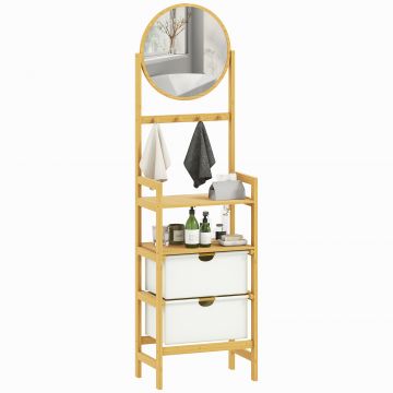 HOMCOM Raft de baie din bambus cu oglindă cu 4 cârlige 2 rafturi deschise și 2 sertare din material textil 48,5x30x170 cm Natural | Aosom Romania