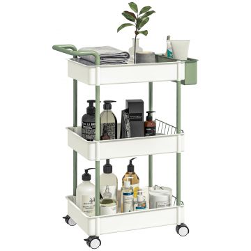 HOMCOM Rollwagen, 3 Nivele, Coș Suspendat, Mâner de Deplasare, 4 Role, Cadru Metalic, Alb, 50 x 29,4 x 77cm | Aosom Romania