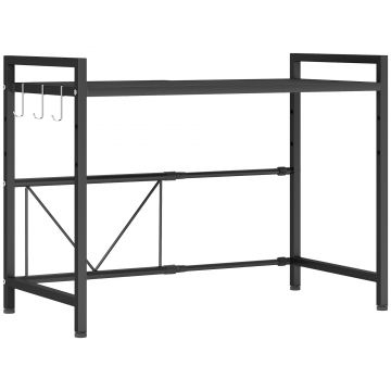 HOMCOM Suport extensibil pentru cuptor cu microunde pe 2 niveluri cu 3 cârlige, din metal, negru | Aosom Romania
