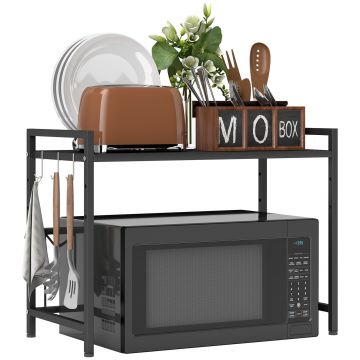 HOMCOM Suport extensibil pentru cuptor cu microunde pe 2 niveluri cu 3 cârlige, din metal, negru | Aosom Romania