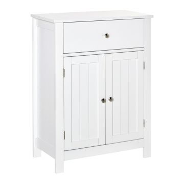 Kleankin Dulap de Baie cu 1 Sertar 2 Uși și Raft Interior Reglabil Mobilier Auxiliar de Depozitare Multifuncțional pentru Sufragerie Bucătărie Antivuelco 60x30x80 cm Alb | Aosom Romania