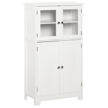 kleankin Mobile Bagno con 2 Armadietti e Ante in Vetro, Mobiletto Bagno Salvaspazio con Ripiano Regolabile, Armadietto da Terra per Sala da Pranzo, Salotto, Soggiorno, Cucina, 60x30x108.5 cm, Bianco | Aosom Romania