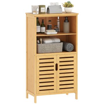 kleankin Mobile Bagno in Bambù, Mobiletto Bagno Salvaspazio con 2 Ante a Persiana e Ripiani Aperti, Armadietto da Terra per Sala da Pranzo, Salotto, Soggiorno, Cucina, 50x29x92 cm, Color Legno | Aosom Romania