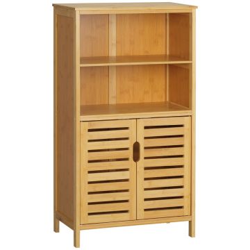 kleankin Mobile Bagno in Bambù, Mobiletto Bagno Salvaspazio con 2 Ante a Persiana e Ripiani Aperti, Armadietto da Terra per Sala da Pranzo, Salotto, Soggiorno, Cucina, 50x29x92 cm, Color Legno | Aosom Romania