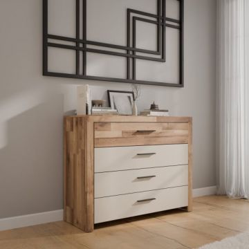 Comoda Cu 4 Sertare Rocco, Stejar pardosit si Nisip, 111 Cm