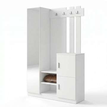 Cuier cu pantofar Fistik cu oglinda si 2 compartimente, Alb, 114 x 180 x 35 cm