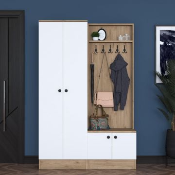 Cuier cu pantofar Zizou cu 4 usi, Alb - Nuc, 120x183x38 cm