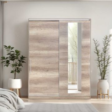 Dulap Haine Adore Elit XL, 2 usi glisante cu oglinda si 3 umarase, Lemn Natural -  Sonoma, 160 x 207 x 60 cm