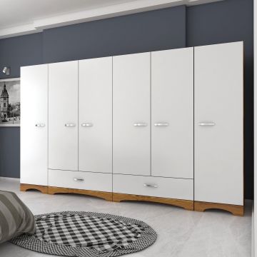 Dulap Haine Dormitor Ema 6 usi si 2 sertare, Alb - Nuc Alb, 243x181x48 cm