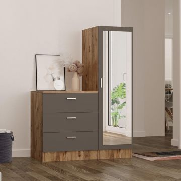 Dulap Haine pentru Casa Frame A Oligo cu Oglinda si 3 sertare, Alb - Gri  - Nuc 100 x 140 x 47 cm
