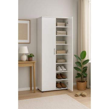 Dulap Multifunctional Adore Porto, 2 usi, 8 rafturi, Alb, 76 x 187 x 36 cm