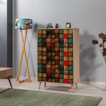 Dulap Multifunctional Multibox cu 2 usi, Stejar / Multicolor, 80x36x127 cm