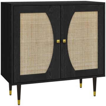 HOMCOM Bufet de bucătărie mobilier de depozitare design boem cu dublă uși și 2 nivele, fațadă din răchită 80 x 38 x 79 cm negru | Aosom Romania