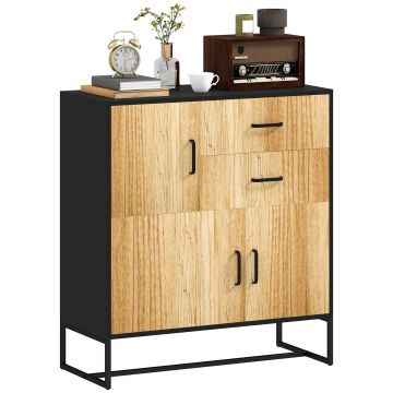 HOMCOM Bufet Modern de  Depozitare cu 3 Dulapuri și 2 Sertare din Pal Melaminat și Oțel, 80x35x88 cm, Lemn Natural | Aosom Romania
