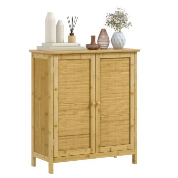 HOMCOM Comodă în Stil Boho din Rattan și Bambus, Dulap cu 2 Uși și Raft Interior, 60x27x67.5 cm, Lemn Natural | Aosom Romania