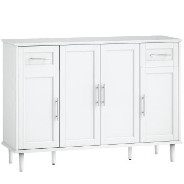 HOMCOM Mobilier de Sufragerie, Credență cu 2 Sertare și 3 Dulapuri cu Rafturi Reglabile, Comodă cu Picioare din Pin pentru Sala de Mese și Bucătărie, 120x38x86 cm, Alb | Aosom Romania