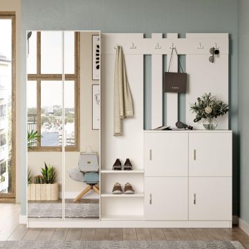Pantofar Curier cu oglinda si 4 compartimente, Alb, 187x180x38 cm