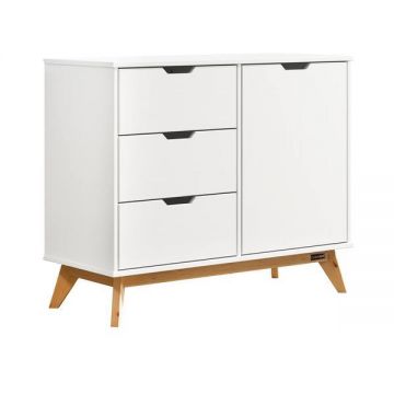 Comoda Borneo Alb, 3 sertare, 2 rafturi cu usa, lemn de pin, 96 x 40 x 79cm