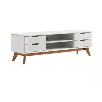 Comoda joasa  Borneo Alb, 4 sertare, 2 rafturi, lemn de pin, 140 x 42 x 40 cm